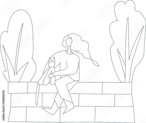 A girl with long hair sits on the roof with a black cat and dreams. Hand drawn linear sketch. Vector illustration.