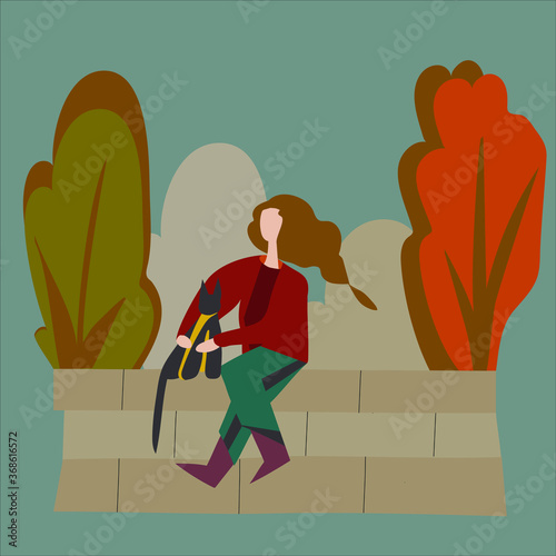 A girl with long hair sits on the roof of a house with a black cat and dreams. Autumn colours, vector illustration. Modern flat design. Vector illustration
