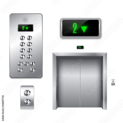Elevator with closed doors and its components. Buttons and arrows boards, display.