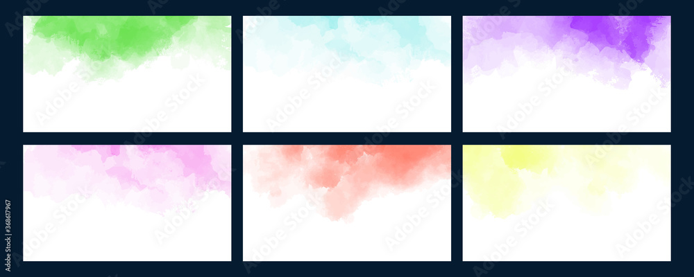 Abstract horizontal watercolor backgrounds set in various colors on white paper. Vector illustration with wet graphics. Blots, splash and stain. Template with free copy space for text. Save the date.