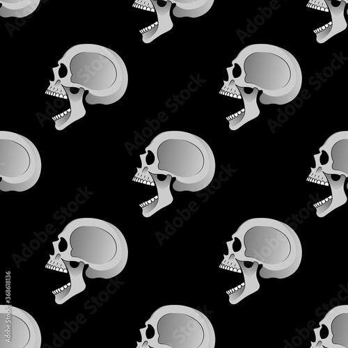 Human skull in profile, with open mouth, bared teeth. Seamless ornament, pattern, background and template. Vector square