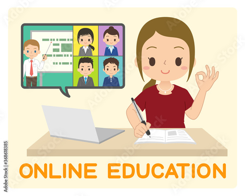パソコンで勉強する女性　オンライン学習　イラスト