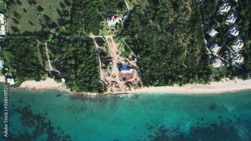 Top-down view of dense forest and rooftops on the seashore in Saint Kitts and Nevis