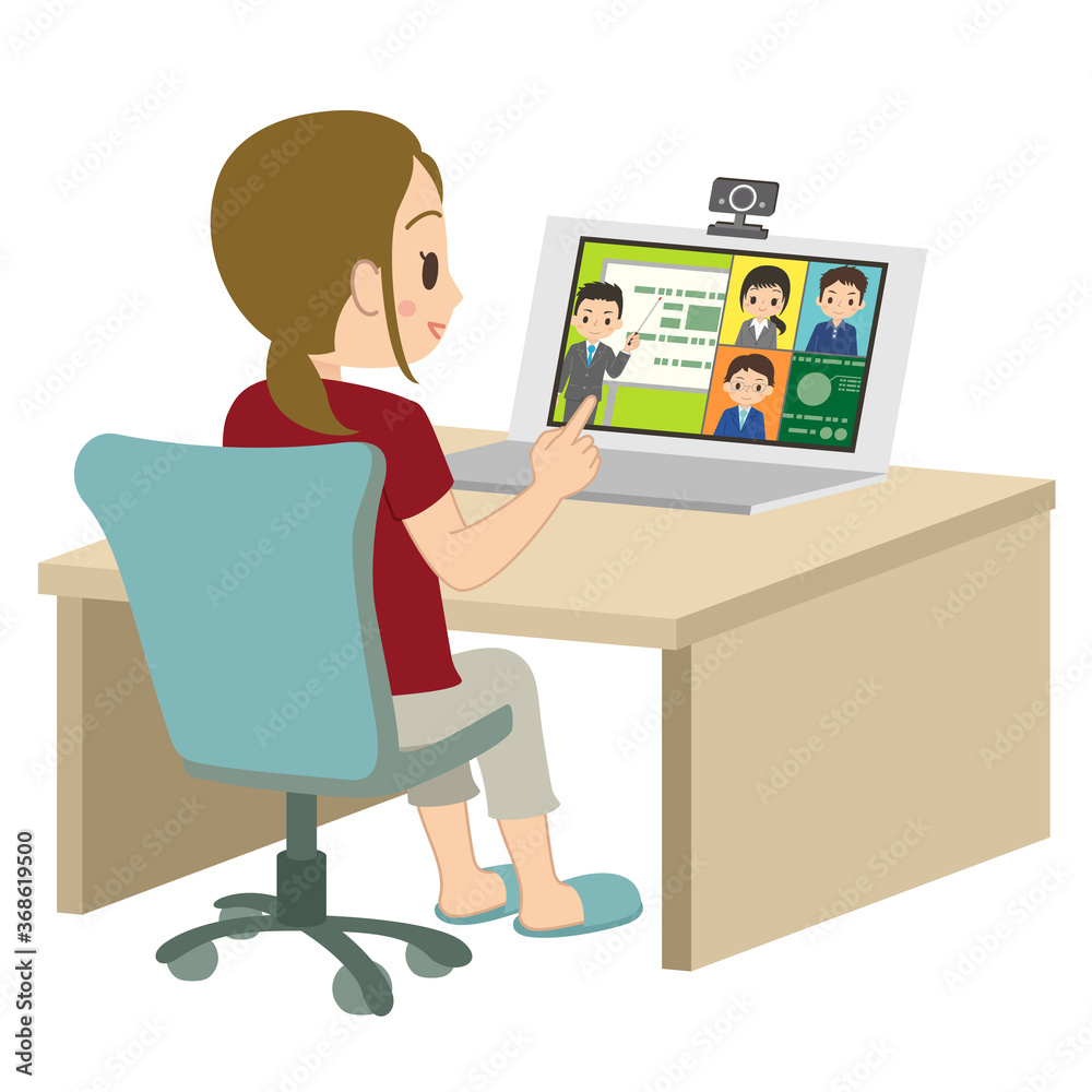 パソコンを使ってテレワークでオンライン会議をする女性会社員 イラスト Dcn Gallery