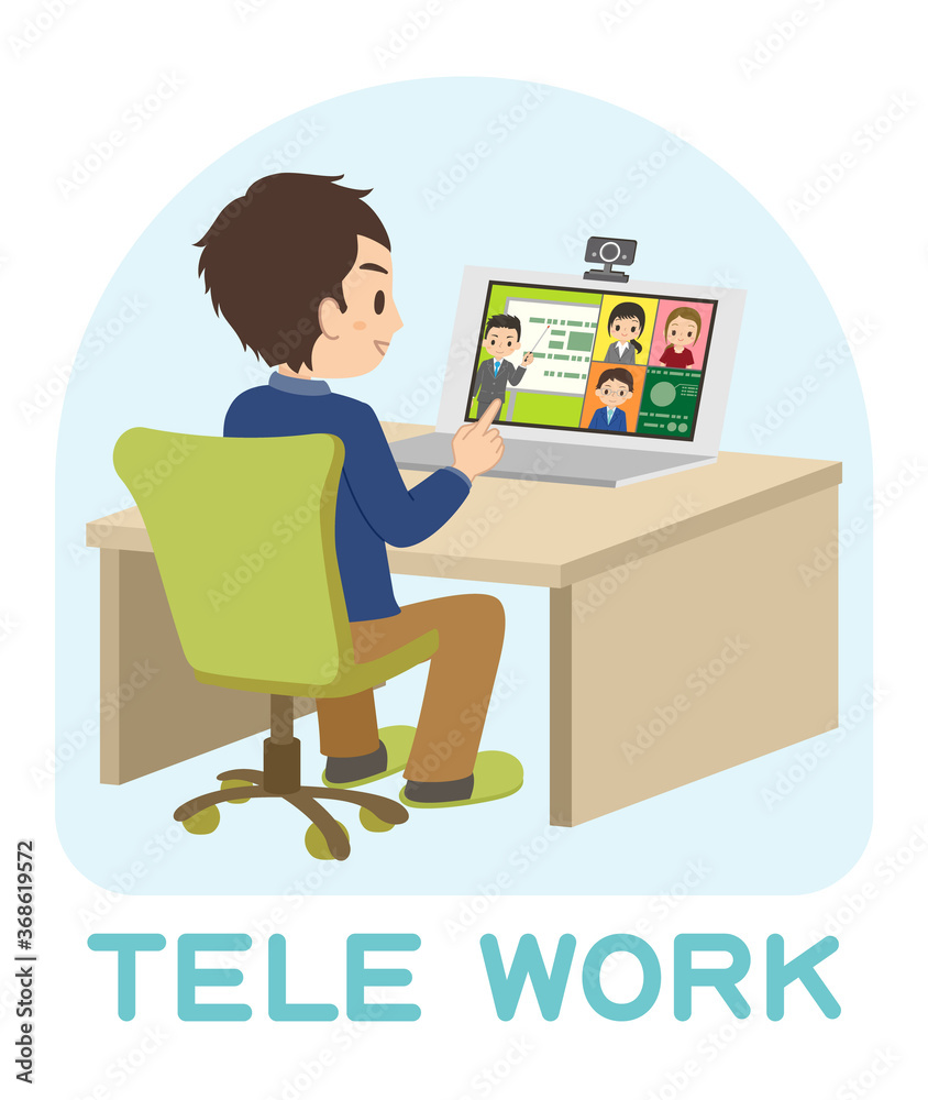 パソコンを使ってテレワークでオンライン会議をする男性会社員 イラスト Stock Vektorgrafik Adobe Stock