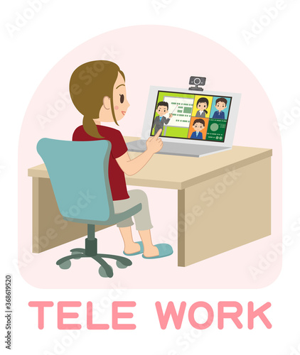 パソコンを使ってテレワークでオンライン会議をする女性会社員　イラスト