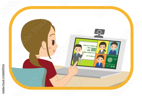 パソコンを使ってテレワークでオンライン会議をする女性会社員　イラスト