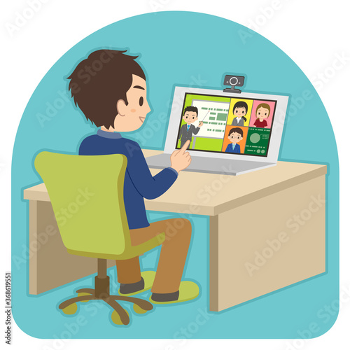 パソコンを使ってテレワークでオンライン会議をする男性会社員　イラスト