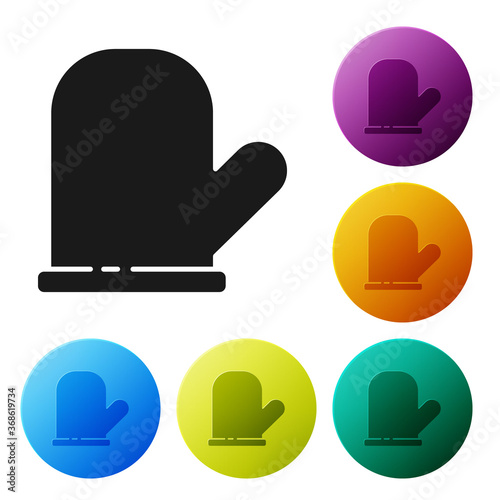 Black Oven glove icon isolated on white background. Kitchen potholder sign. Cooking glove. Set icons in color circle buttons. Vector.