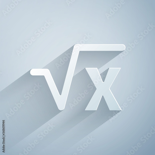 Paper cut Square root of x glyph icon isolated on grey background. Mathematical expression. Paper art style. Vector.