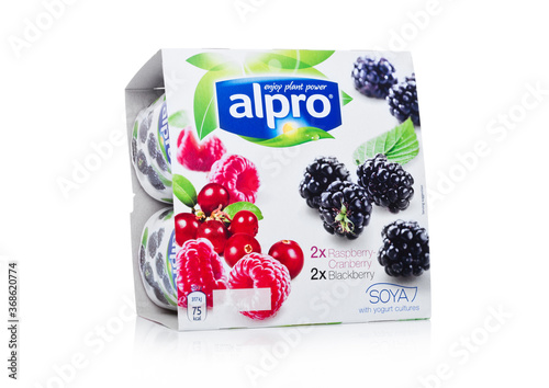 LONDON, UK - JANUARY 10, 2018: Package of Alpro Soya Yogurt cultures with  Berries Fruit flavor on white on white Stock Photo | Adobe Stock