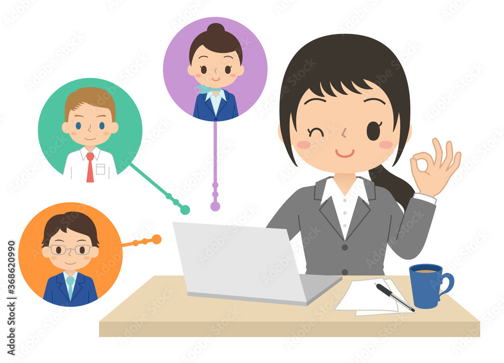 パソコンを使ってオンラインで仕事を共有する女性会社員 テレワーク イラスト パソコンを使ってオンラインで仕事を共有する女性会社員 テレワーク イラスト