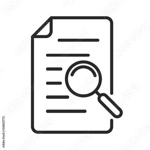 Document icon with magnifying glass. File search concept.