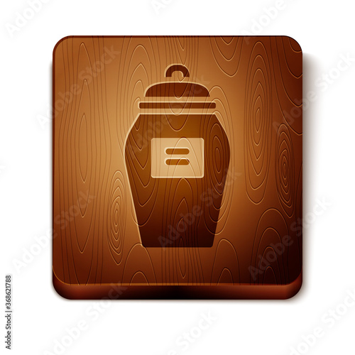 Brown Funeral urn icon isolated on white background. Cremation and burial containers, columbarium vases, jars and pots with ashes. Wooden square button. Vector.