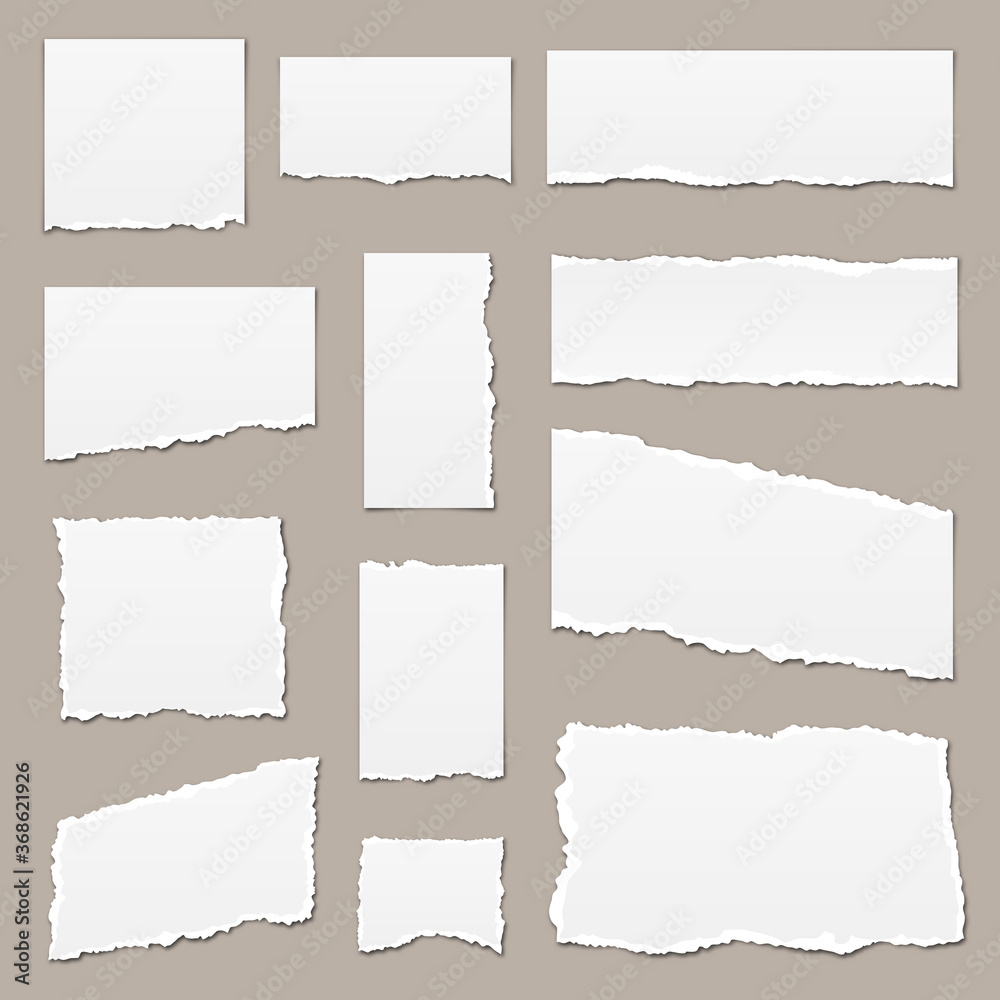 White torn paper. Torn paper scraps. Paper pieces isolated. Ripped paper strips - obrazy, fototapety, plakaty 