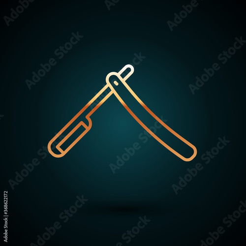 Gold line Straight razor icon isolated on dark blue background. Barbershop symbol. Vector Illustration.