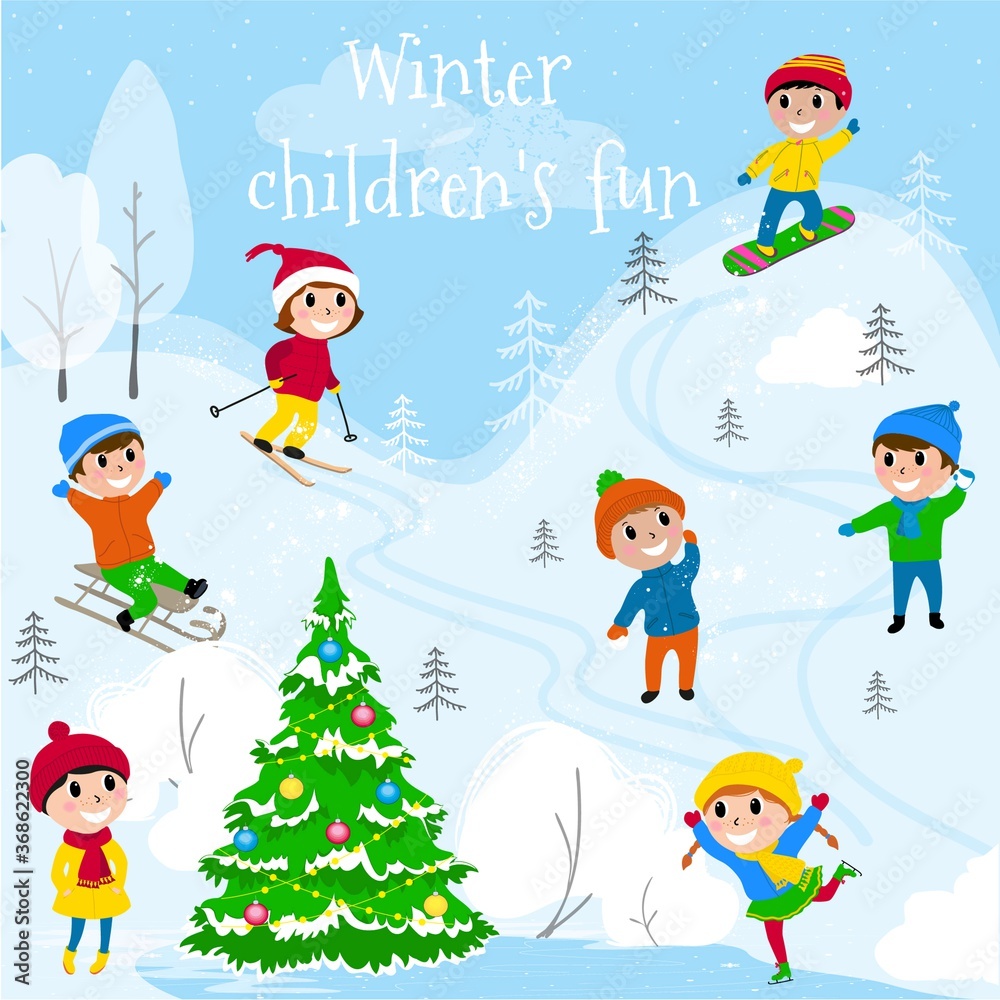 Happy children are skiing,sledding, ice skating and snowboarding, playing with the snow.Winter child's outdoor activities. Cartoon vector illustration Happy children are skiing,sledding, ice skating and snowboarding, playing with the snow.Winter child's outdoor activities. Cartoon vector illustration