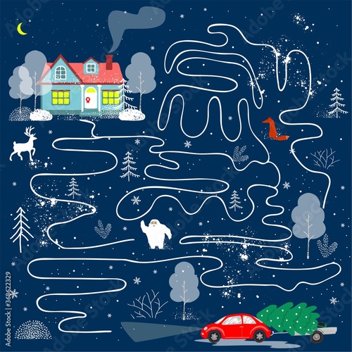 Red car with Christmas tree. Educational game for children. A fun maze for young children. Cartoon vector illustration.