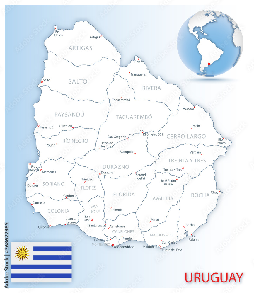 Detailed Uruguay administrative map with country flag and location on a blue globe.