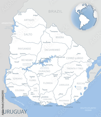 Blue-gray detailed map of Uruguay administrative divisions and location on the globe.