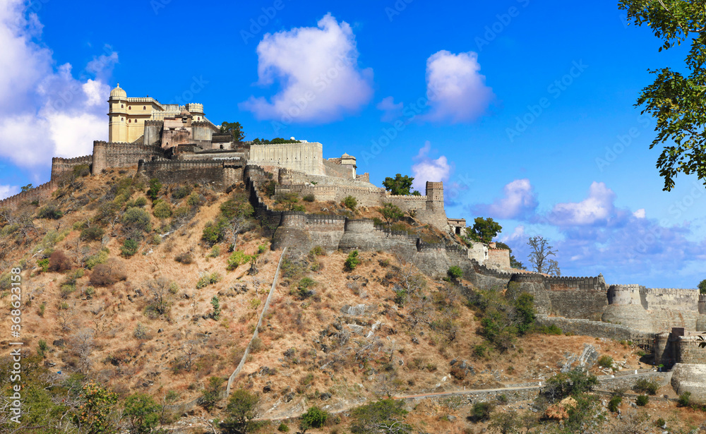 Castle and fortified walls of Kumbhalgarh Fort in Rajasthan state. India