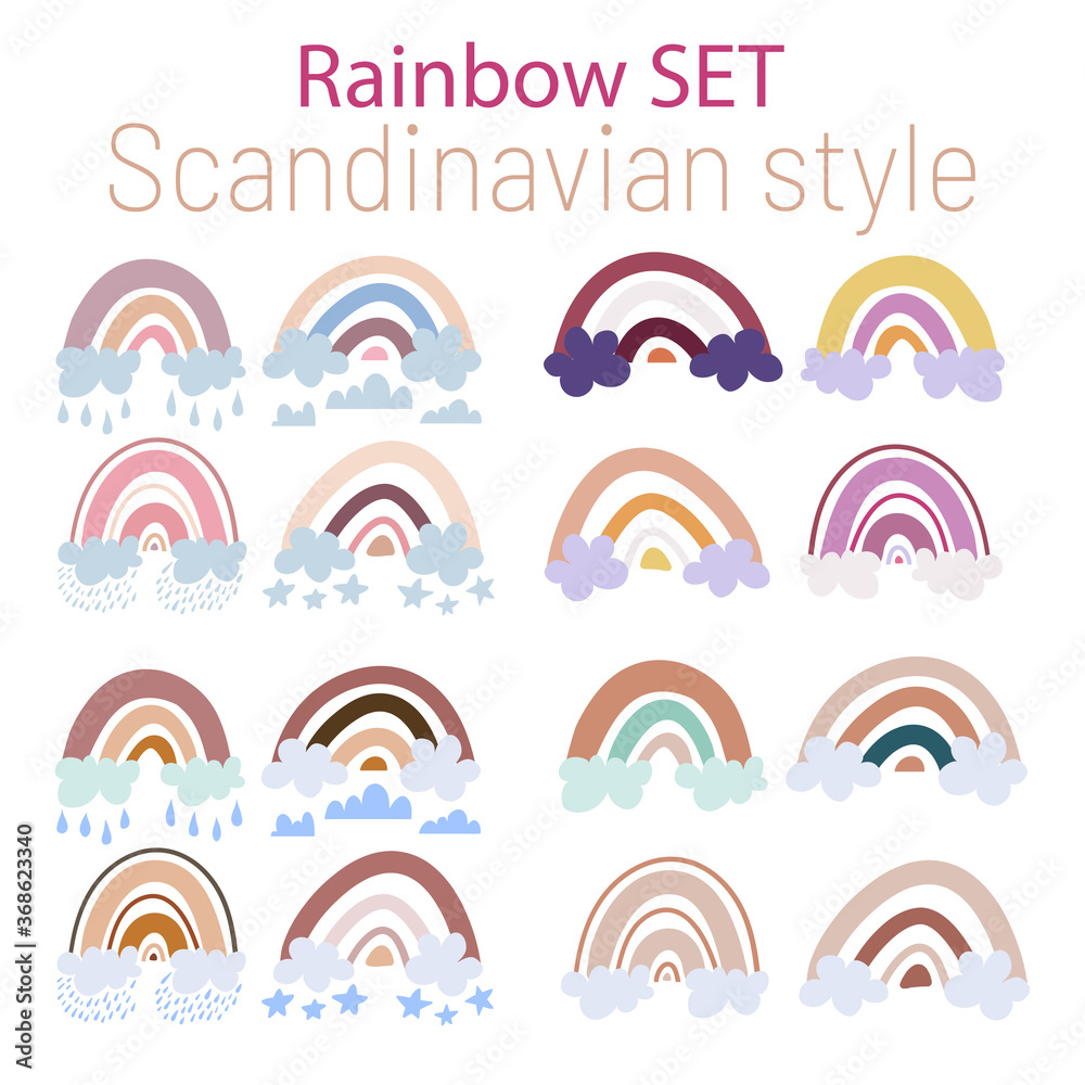 vector set of rainbows in the Scandinavian style with clouds, raindrops in multicolored pastel colors. vector set of rainbows in the Scandinavian style with clouds, raindrops in multicolored pastel colors.