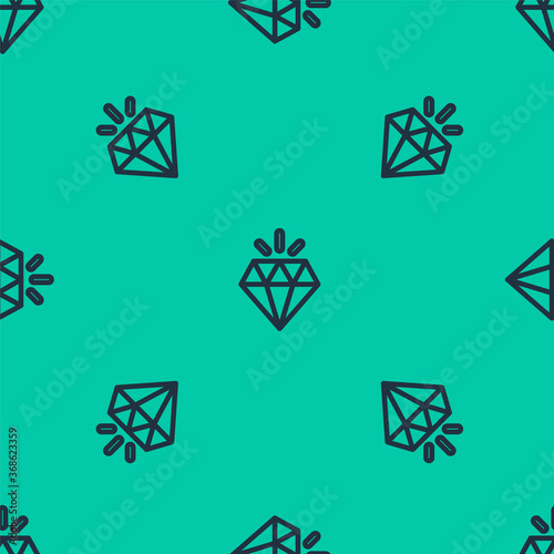 Blue line Diamond icon isolated seamless pattern on green background. Jewelry symbol. Gem stone. Vector.