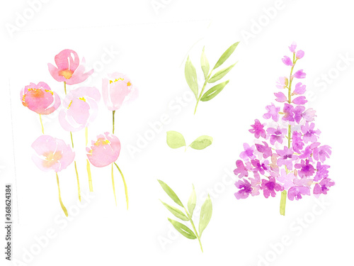 pink and purple watercolor painting flowers with leaves