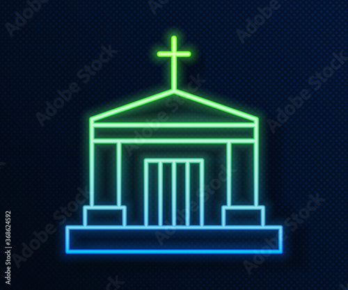 Glowing neon line Old crypt icon isolated on blue background. Cemetery symbol. Ossuary or crypt for burial of deceased. Vector.