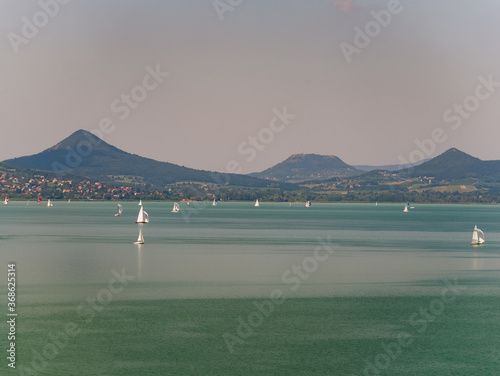 Aerial photo with sailing boats on Lake Balaton photo