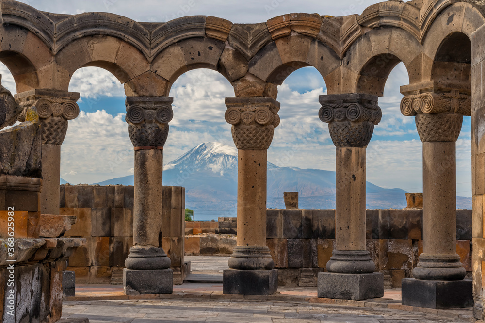 7th century Zvarnots ruins, Zwartnots temple or St Gregory Cathedral, Mount Ararat in Turkey behind, Yerevan, Armavir Province, Armenia