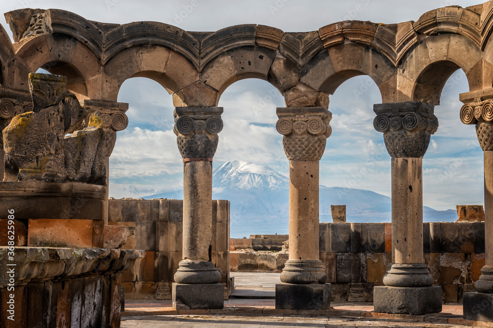 7th century Zvarnots ruins, Zwartnots temple or St Gregory Cathedral, Mount Ararat in Turkey behind, Yerevan, Armavir Province, Armenia