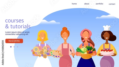Young women. Different professions. Template for landing page