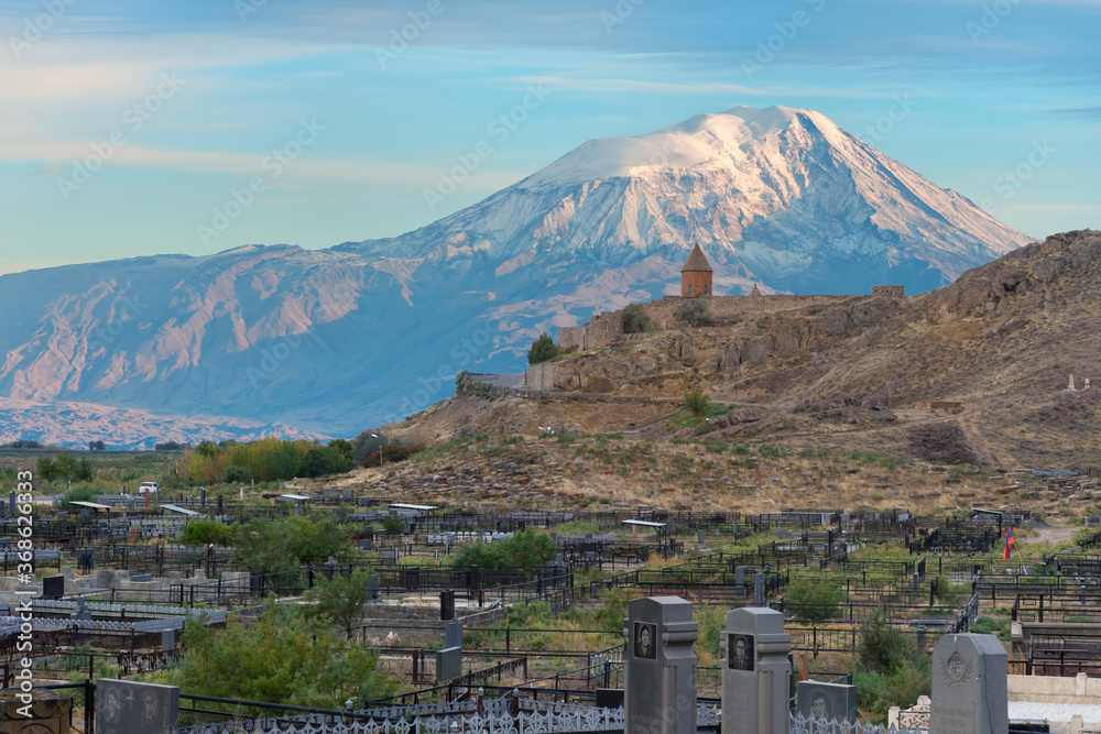 Khor Virap village cemetery with the Monastery and mount Ararat behind, Ararat Province, Armenia, Caucasus, Middle East, Asia