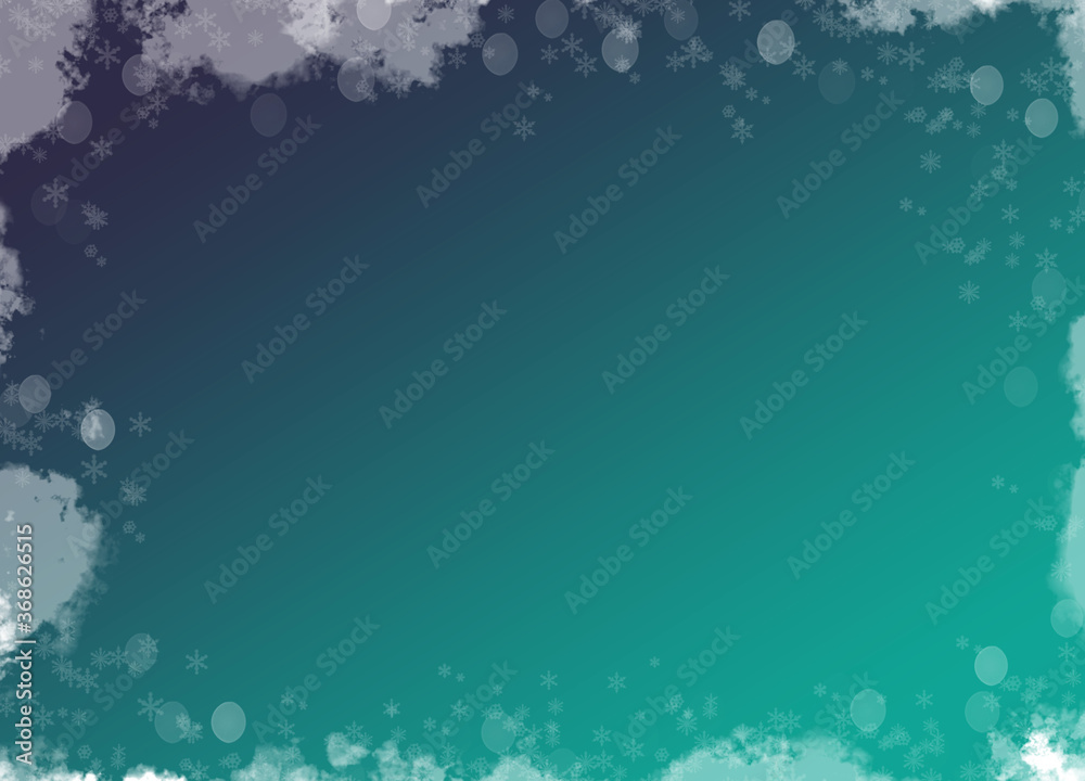 Clouds, Bokeh & Snow Flakes Design Frame On Modern Gradient Background Template-For Banner, Poster, Card & Photo Frame