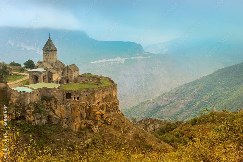 Fototapeta premium View over Tatev Armenian Apostolic Monastery surrounded by mountains, Syunik Province, Armenia