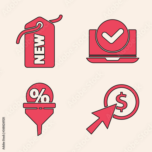 Set Cursor and coin, Price tag with New, Laptop and Lead management icon. Vector.