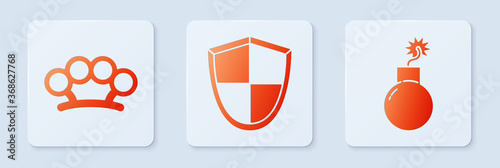 Set Shield, Brass knuckles and Bomb ready to explode. White square button. Vector.