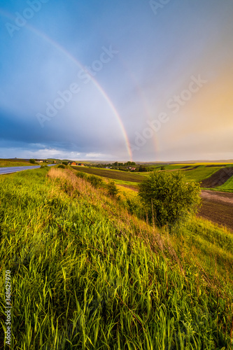 Spring rapeseed and small farmlands fields after rain evening view, cloudy sunset sky with colorful rainbow and rural hills. Natural seasonal, weather, climate, farming, countryside beauty concept.