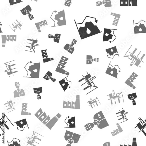 Set Drop in crude oil price, Oilman, Oil platform in the sea and Oil industrial factory building on seamless pattern. Vector.