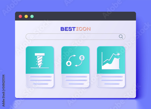 Set Oil exchange, Rotating drill digging a hole and Oil price increase icon. Vector.