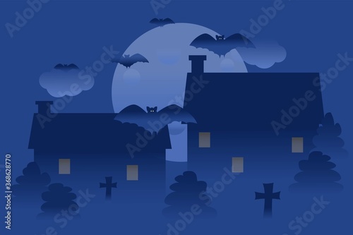 Vector illustration of Halloween with bats, moon, cross. Postcard for celebration. Background illustration for web design. Illustration for celebration decoration design. Cartoon vector illustration.