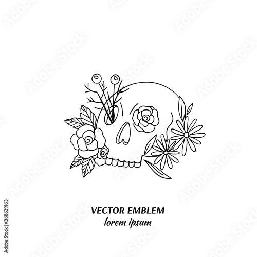 Hand drawn botanical skull illustration. Human skeleton. photo