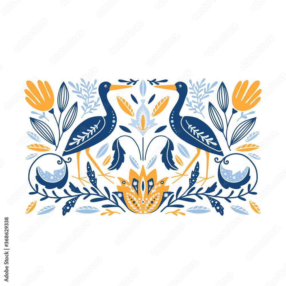 Folk art ornament with herons and flowers, Scandinavian design