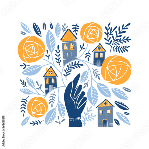 Folk art ornament with hand, houses, and rose flowers