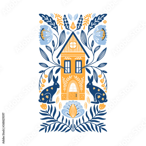 Folk art ornament with house, rabbits, and flowers, Scandinavian design