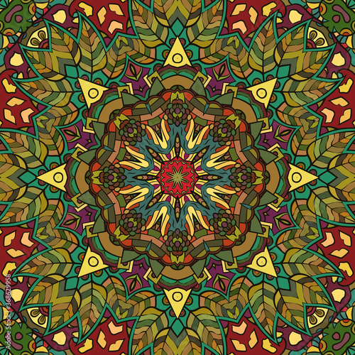 Seamless tracery tile mehndi design. Ethnic ornament, colorful doodle symmetry texture. Folk traditional spiritual tribal design. Curved doodling motif. Color art. Vector