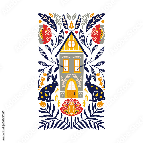 Folk art ornament with house, rabbits, and flowers, Scandinavian design