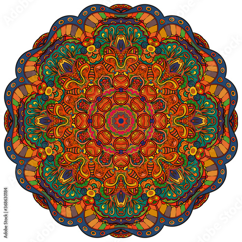 Mandala, tracery wheel mehndi design. Ethnic ornament, colorful doodle symmetry texture. Folk traditional spiritual tribal design. Curved shape, isolated on white. Color art. Vector