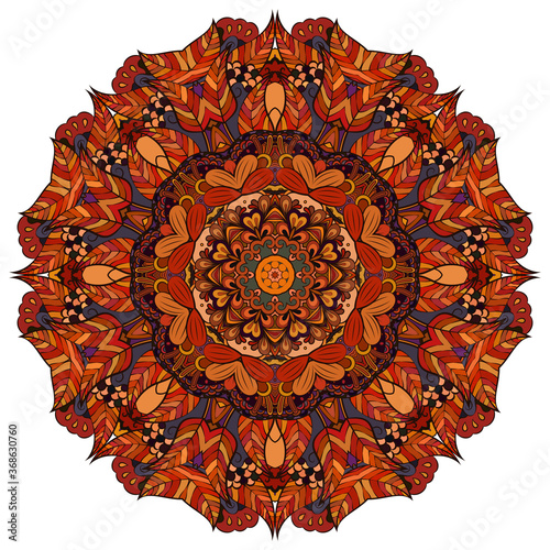 Mandala, tracery wheel mehndi design. Ethnic ornament, colorful doodle symmetry texture. Folk traditional spiritual tribal design.  Curved shape, isolated on white. Color art. Vector